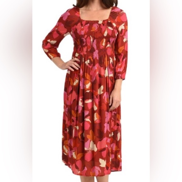 DR2 Dresses & Skirts - DR2 by Daniel Rainn Vibrant Red Floral Print Smocked Bohemian Midi Dress M